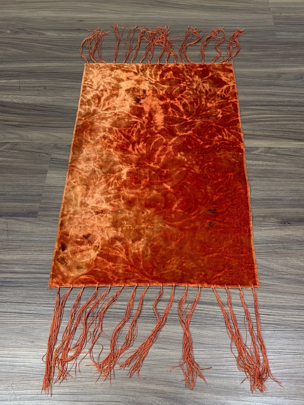 Antique Orange Velvet Tie Dye Table Runner Dresser Scarf Fringe 13 x 21.5"